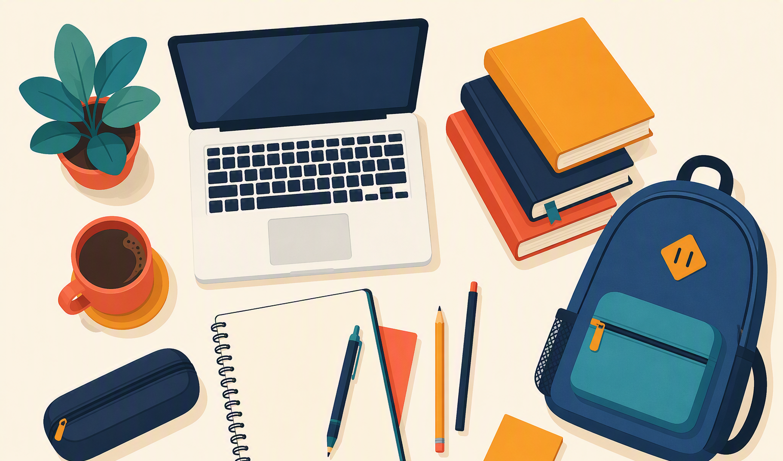 مكتب طالب — لابتوب وكتب وحقيبة وأدوات مدرسية